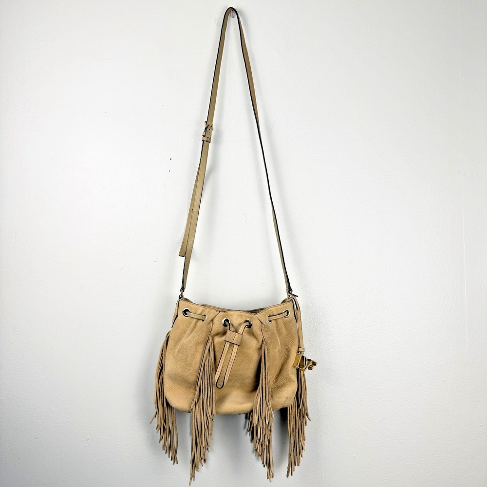 Diane Von Furstenberg Fringe Bucket Bag Women's Tan Crossbody Adjustable Strap